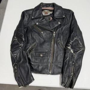 Harley Davidson Womens Black Leather Studded Moto Jacket Distressed XS